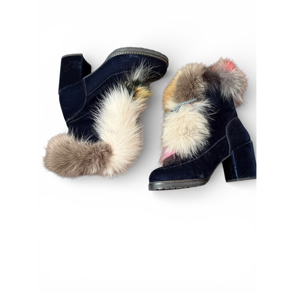 Stuart Weitzman Yukon Real Fur Royal Blue Velvet Lace-Up Boots | Women's 8M - Picture 5 of 14